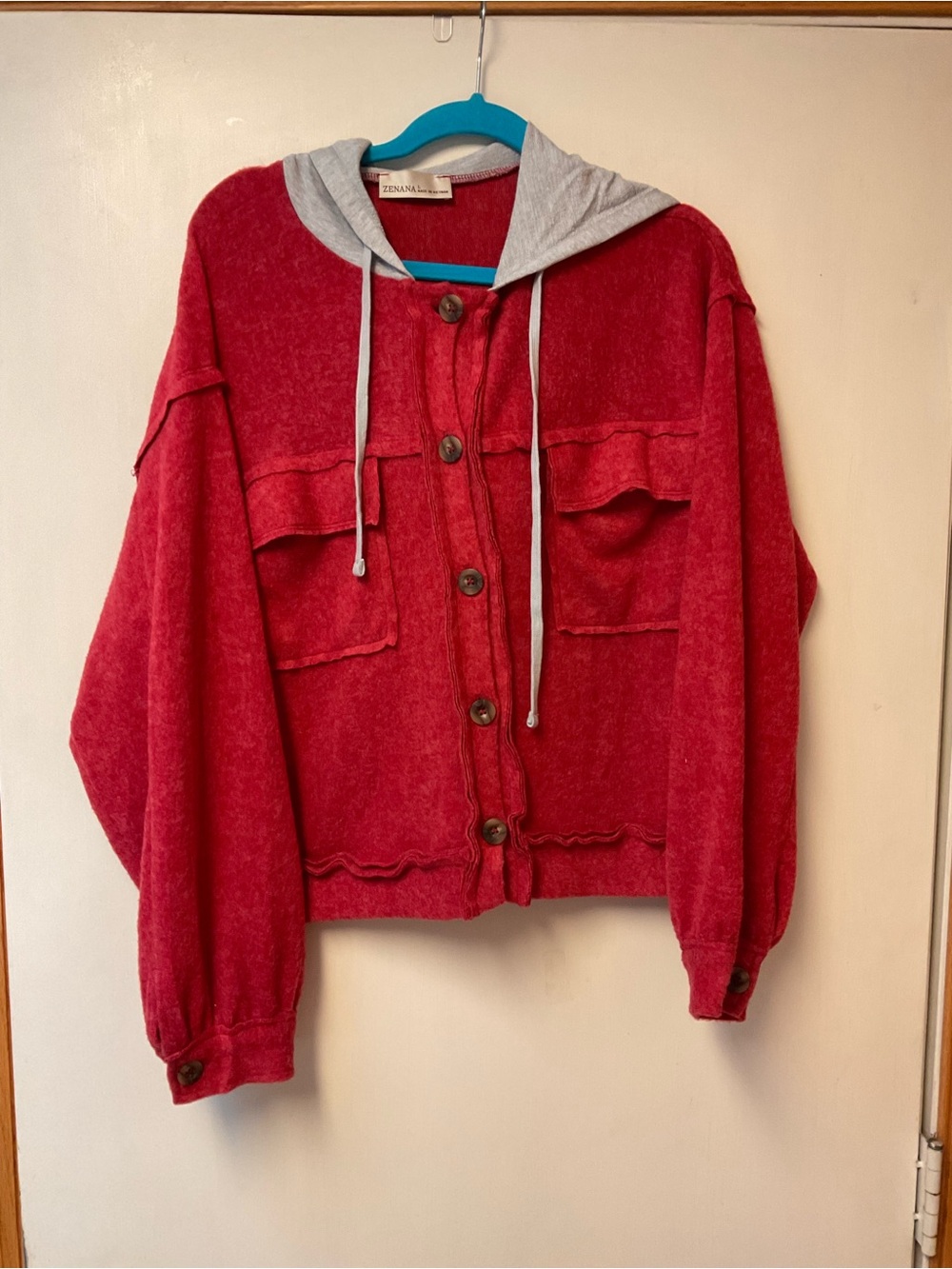 Zenana Red Hooded Button-Up Jacket with Gray Hood